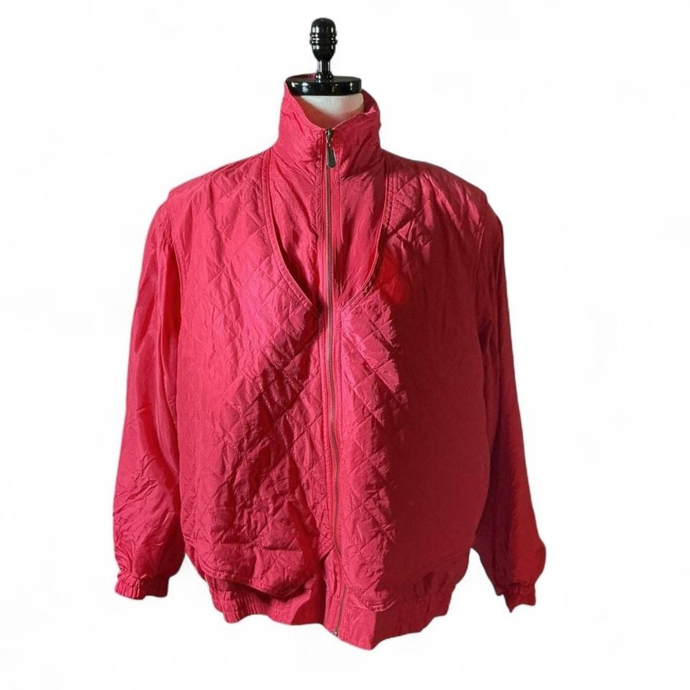 VTG FUDA International Quilted Track Jacket Pink Nylon Silk Blend Zip‎ Up XL